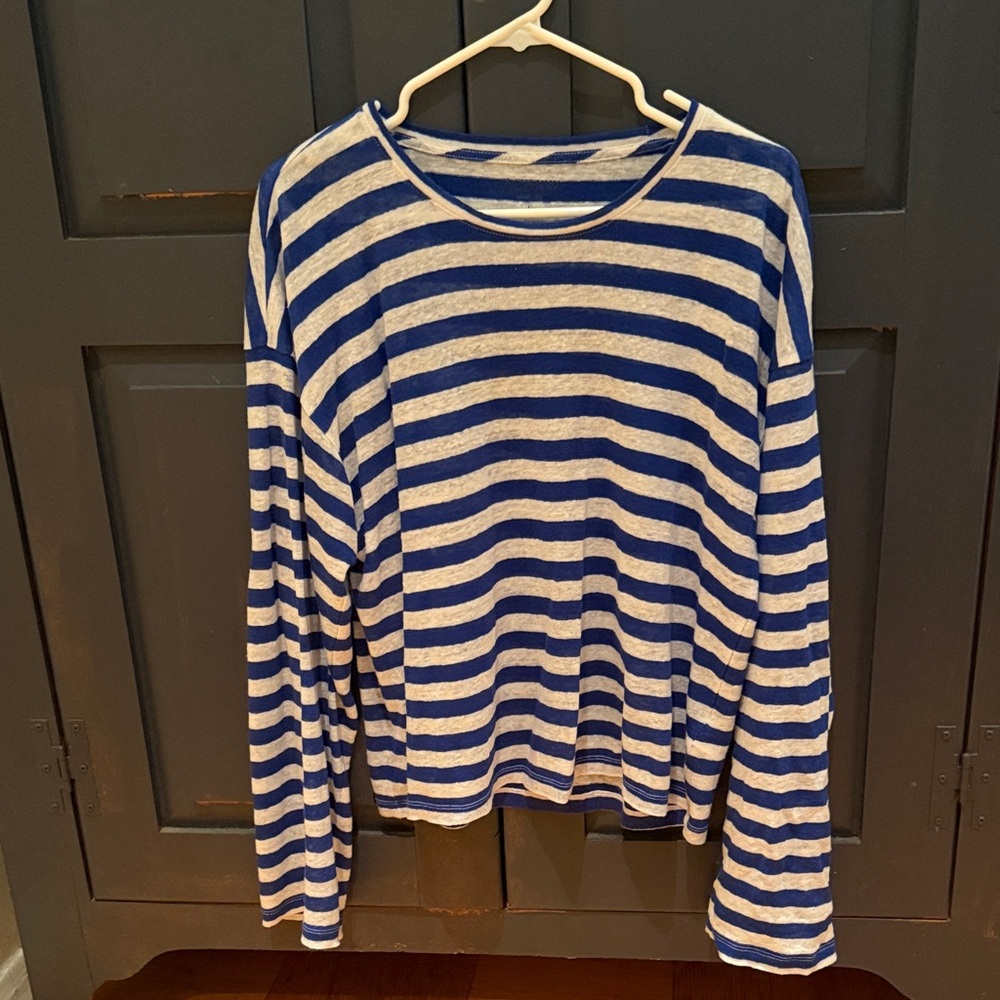 J. Crew Navy and White Striped Crewneck Linen T Shirt